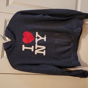 I Love heart New York Kids size 14/16 or womans small blue red and white hoodie